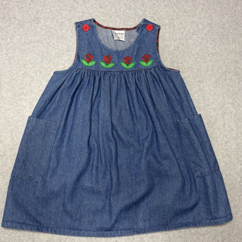 Vintage Samara  Girl’s Denim Jumper Dress with Embroidered Flowers Size 6